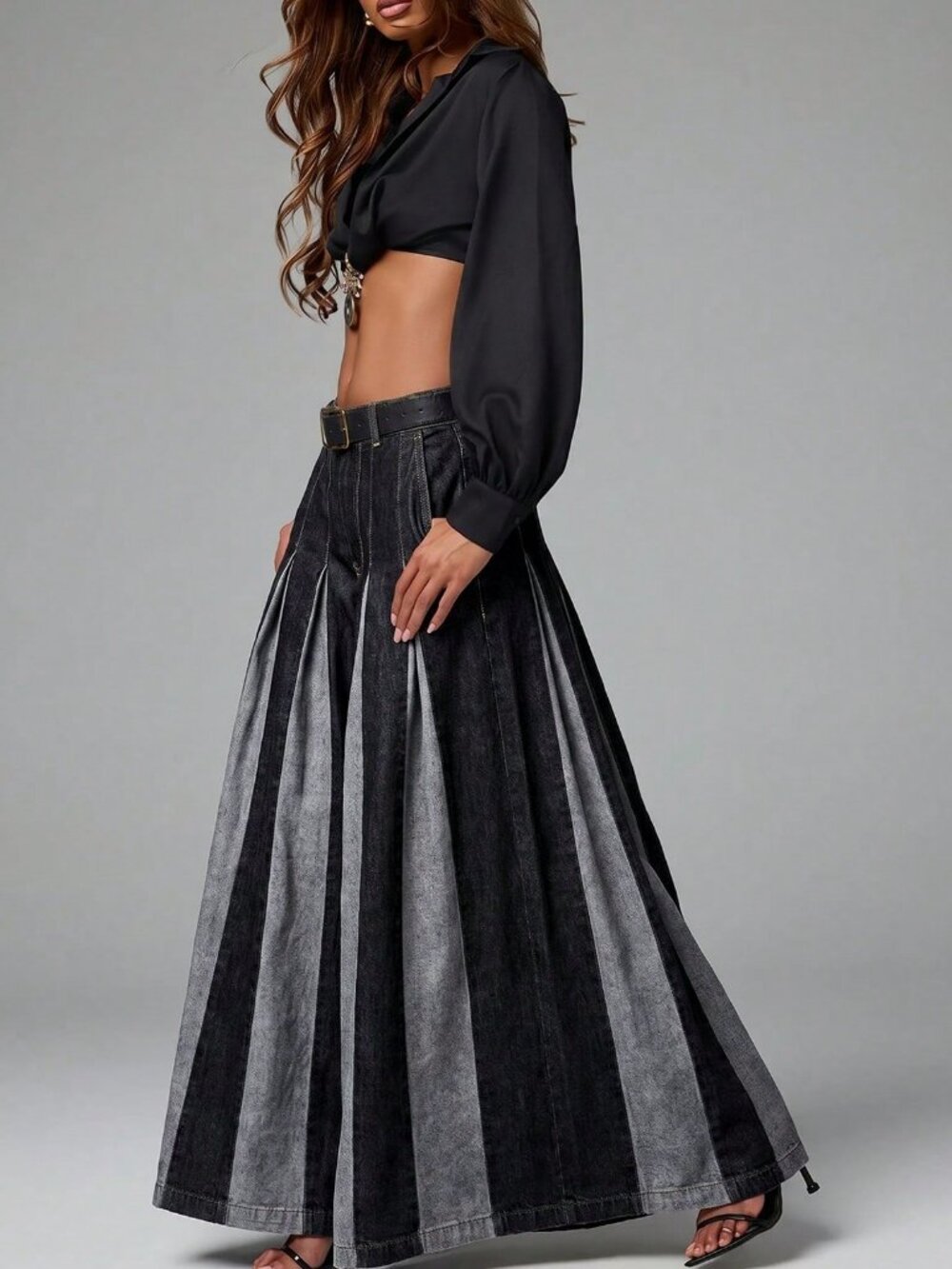Black Casual Women's Two Tone Color Block Wide Leg Flowy Baggy Denim Jeans - Picture 5 of 7